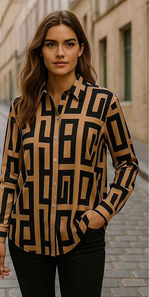 Levoro™ Women’s Geometric Pattern Long Sleeve Shirt – Coastal Elegance