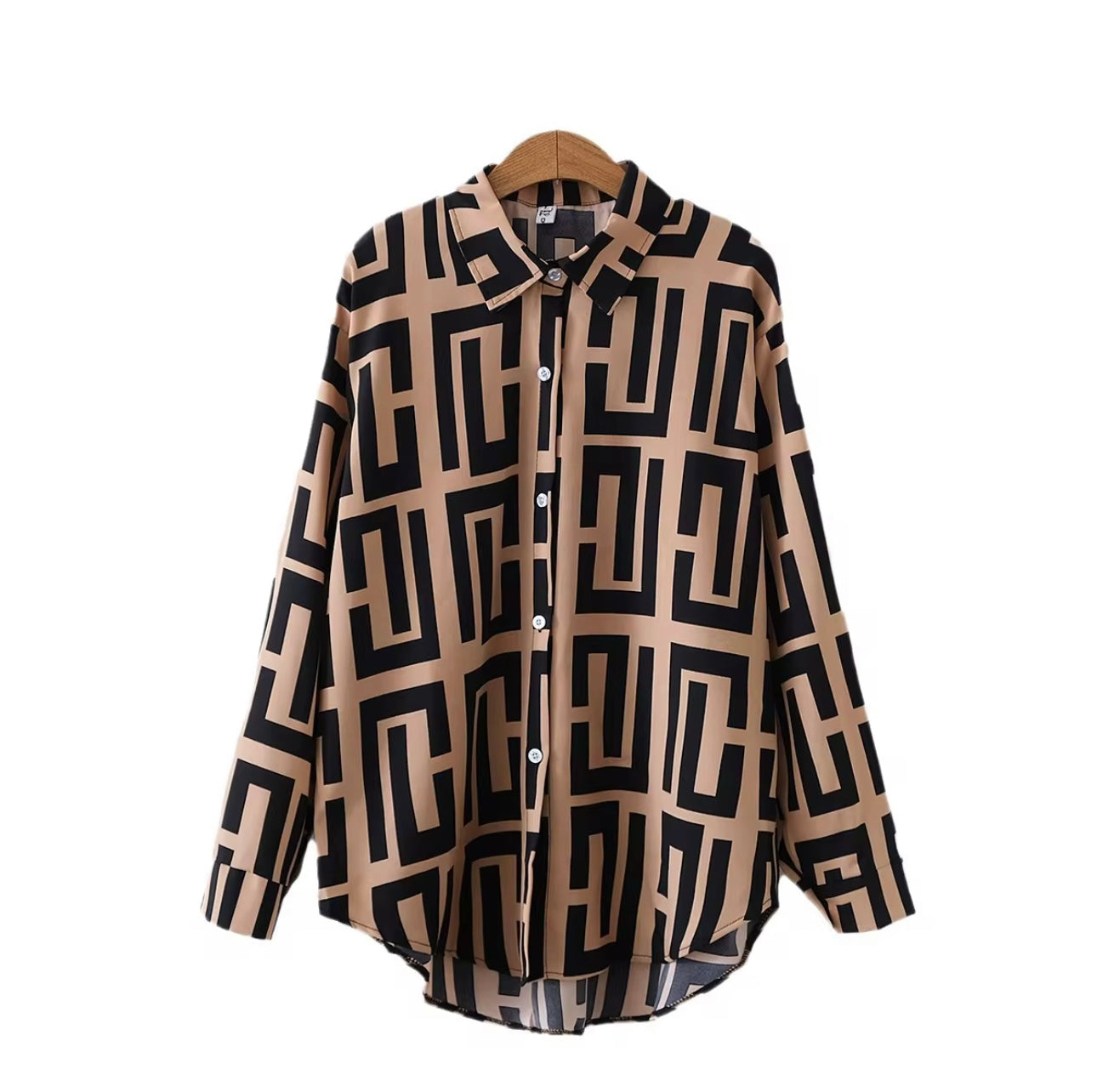 Levoro™ Women’s Geometric Pattern Long Sleeve Shirt – Coastal Elegance