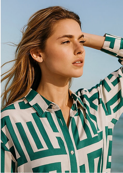 Levoro™ Women’s Geometric Pattern Long Sleeve Shirt – Coastal Elegance