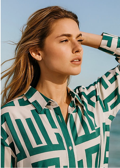 Levoro™ Women’s Geometric Pattern Long Sleeve Shirt – Coastal Elegance