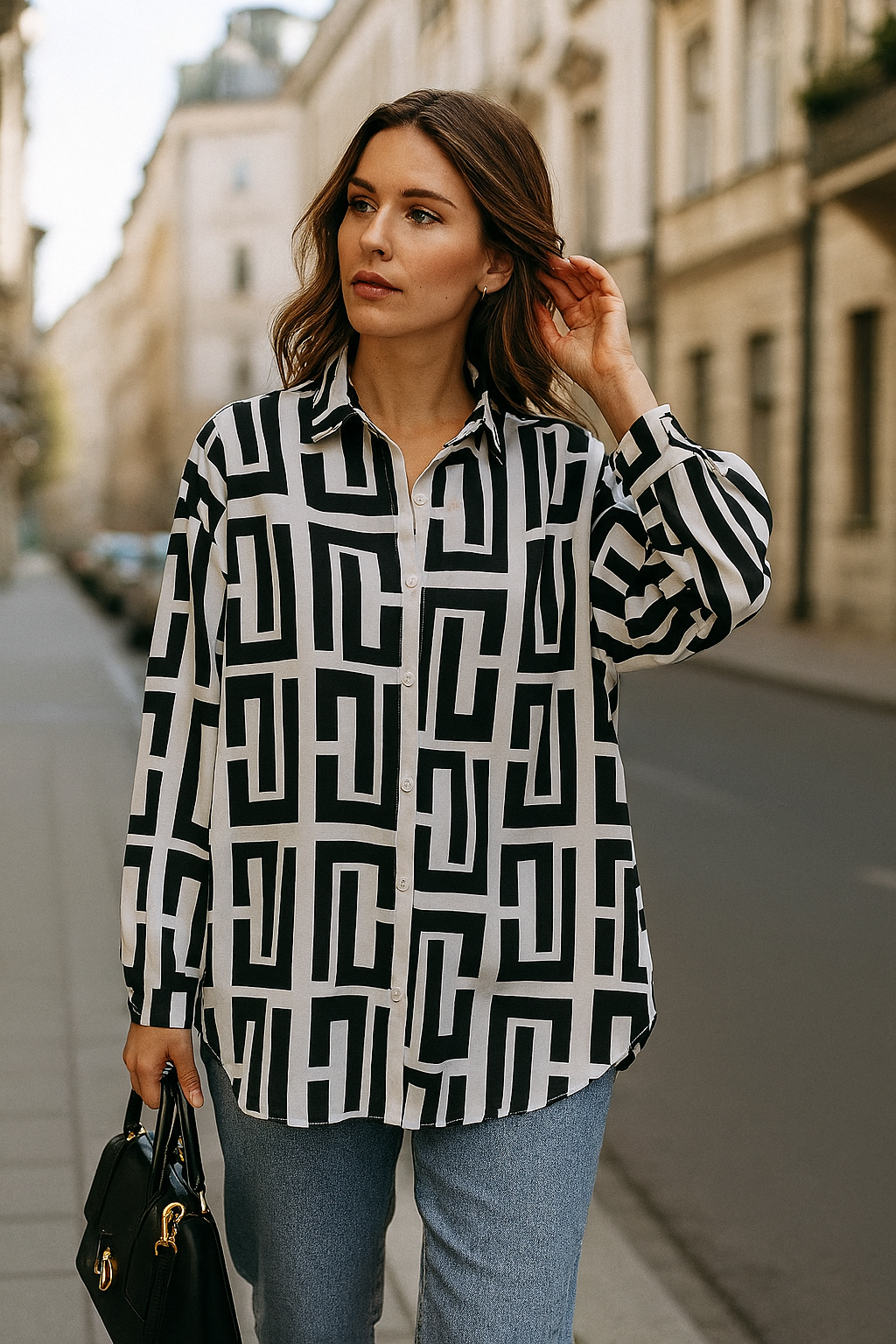 Levoro™ Women’s Geometric Pattern Long Sleeve Shirt – Coastal Elegance