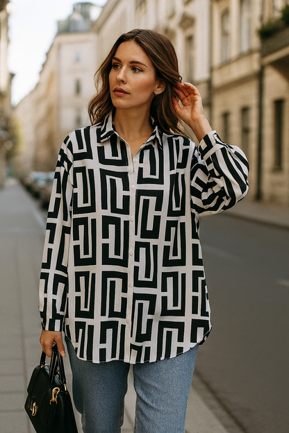 Levoro™ Women’s Geometric Pattern Long Sleeve Shirt – Coastal Elegance